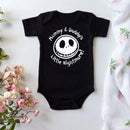 Moda verão bebê traje de halloween bodysuit de uma peça mamãe e papai pequeno pesadelo impressão macacão do bebê roupas