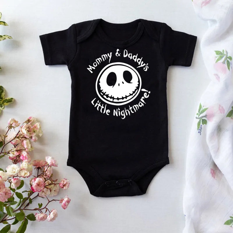 Moda verão bebê traje de halloween bodysuit de uma peça mamãe e papai pequeno pesadelo impressão macacão do bebê roupas
