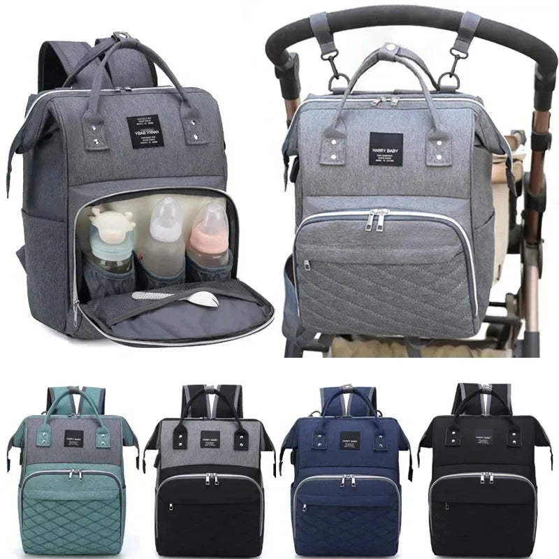 Bolsa de fraldas para mamãe, bolsa suspensa para carrinho de bebê, mochilas de fraldas de grande capacidade com tapete para troca, bolsas convenientes para amamentação de bebês