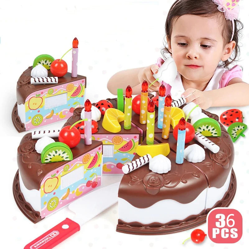 Simulação DIY Bolo de Aniversário Modelo para Crianças, Cozinha Finja Jogar, Cortar Frutas, Brinquedo de Comida para Crianças, Presente Infantil, 37Pcs