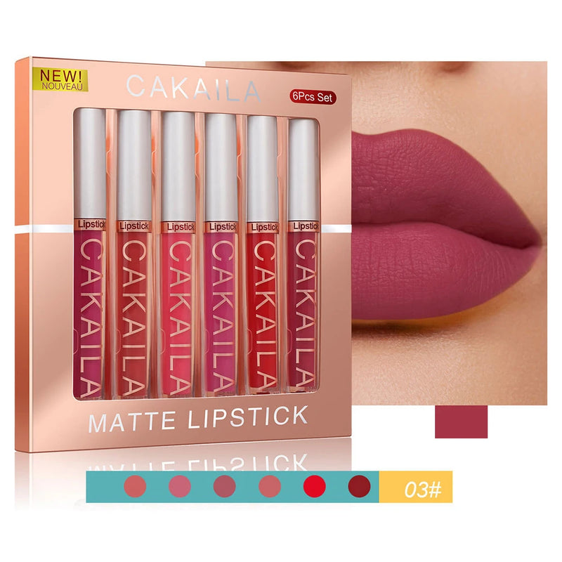 Conjunto de brilho labial com copo antiaderente, batom líquido, veludo, fosco, duradouro, pacote de 6
