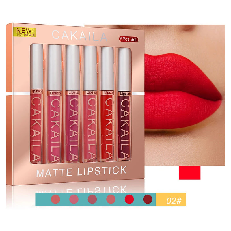 Conjunto de brilho labial com copo antiaderente, batom líquido, veludo, fosco, duradouro, pacote de 6
