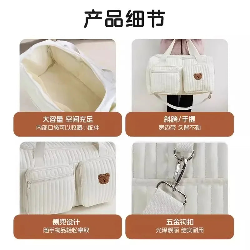 Saco de fraldas do bebê bonito urso flor bordado padrão saco de mamãe bebê bege algodão tecido zíper bolsa de fraldas novo saco de bagagem