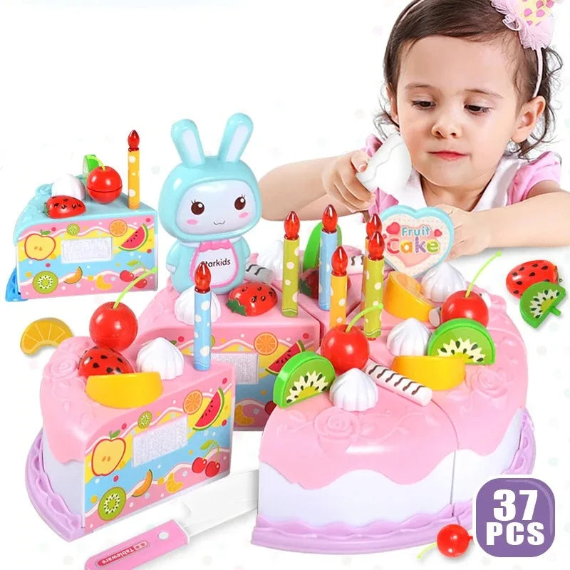 Simulação DIY Bolo de Aniversário Modelo para Crianças, Cozinha Finja Jogar, Cortar Frutas, Brinquedo de Comida para Crianças, Presente Infantil, 37Pcs
