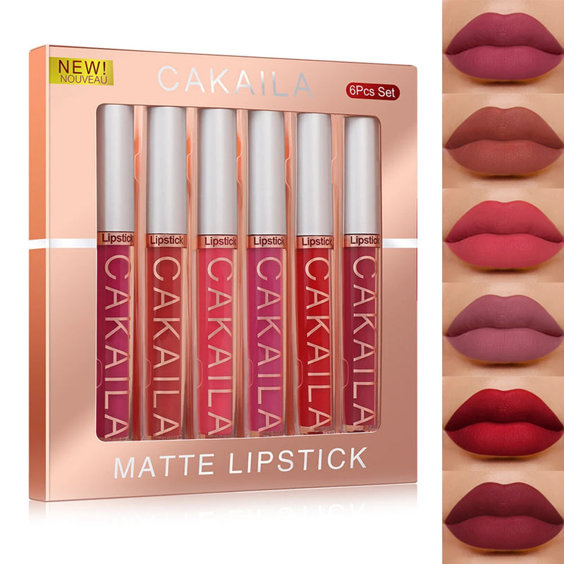 Conjunto de brilho labial com copo antiaderente, batom líquido, veludo, fosco, duradouro, pacote de 6