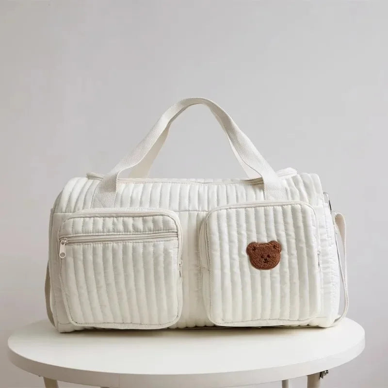 Saco de fraldas do bebê bonito urso flor bordado padrão saco de mamãe bebê bege algodão tecido zíper bolsa de fraldas novo saco de bagagem